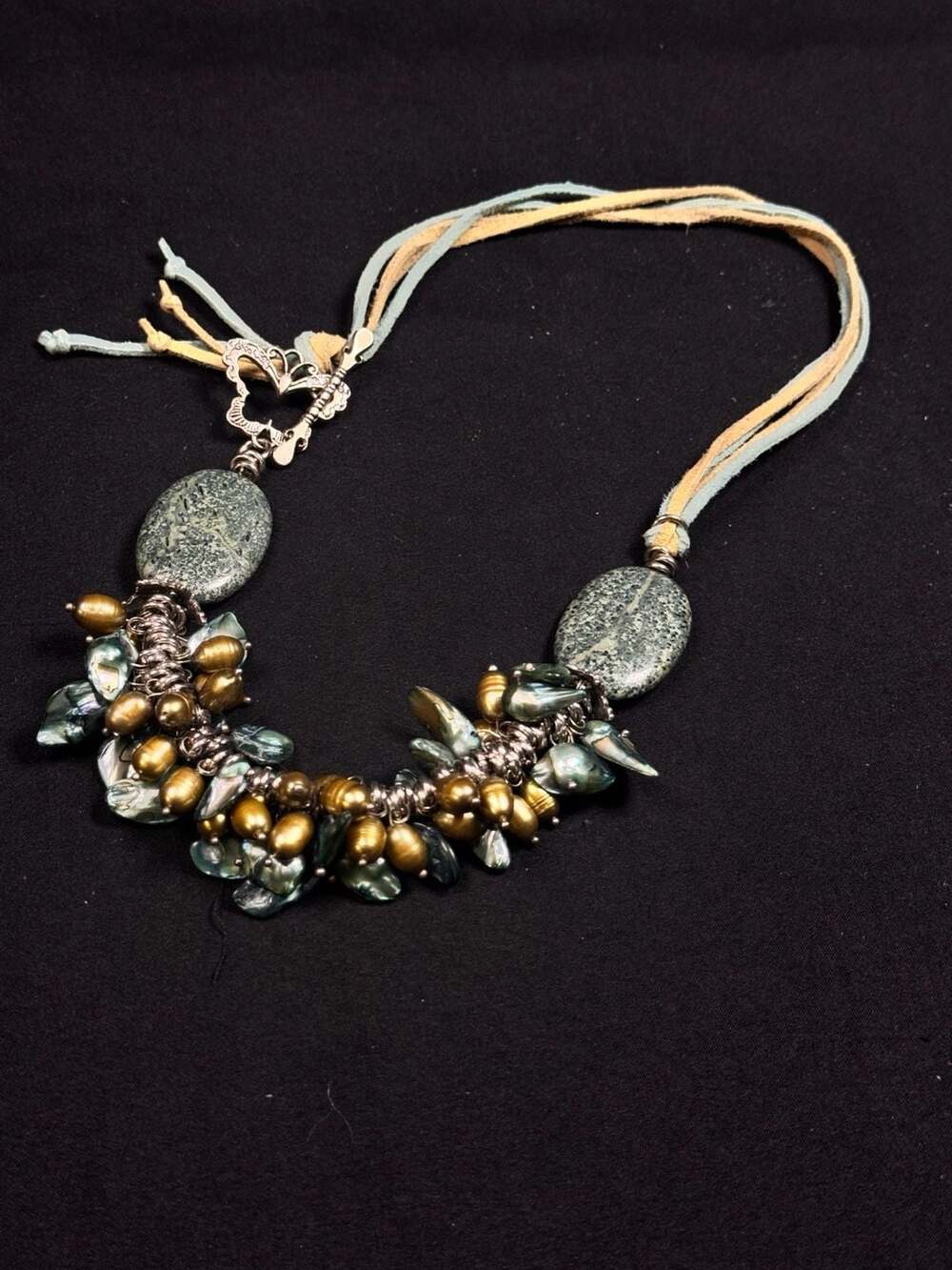 Handmade Statement Necklace Green Jasper Pearl Suede Toggle